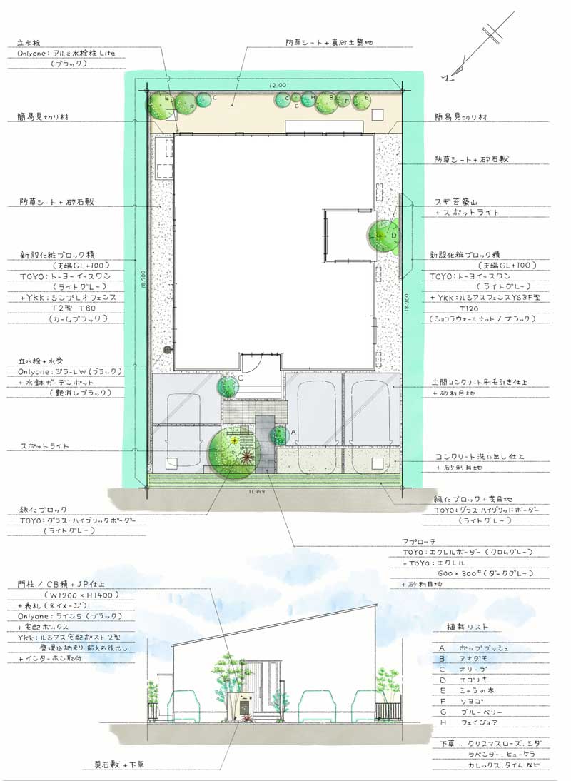 グレーのコントラストが映える、心地よい平屋の新築外構