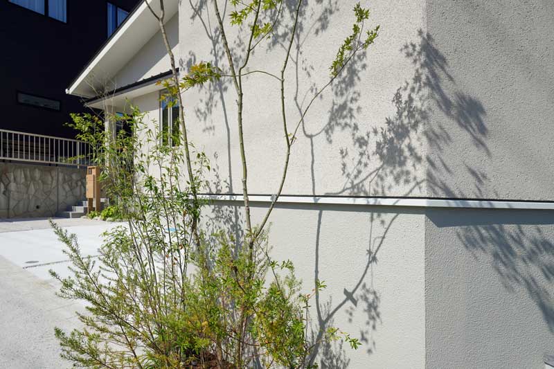 白い外壁と緑が織りなす、自然と調和した外構デザイン